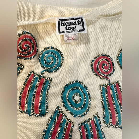 Vintage Kenneth Too Ivory Aztec Pullover Sweater Turquoise Embellished Sz S/M - Picture 9 of 12